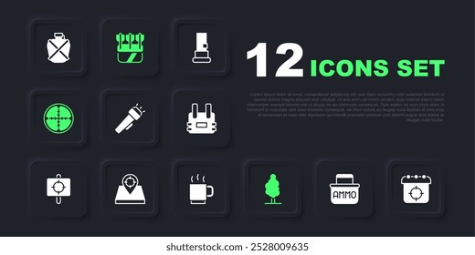 Caja de munición, deporte objetivo, linterna, árbol, mira óptica de francotirador, lugar de caza, carcaj con flechas e icono de taza de café. Vector