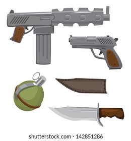 set of ammunition, weapon for war and street, guns, pistol, pine, knife