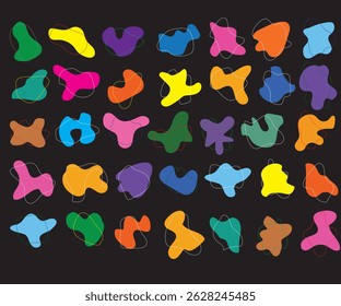 Set of amoeba shapes with pencil stroke in vector isolated on black background. Emblem design elements kit. Colorful liquid shapes for collage on black. Organic fluid biology freeform pattern design