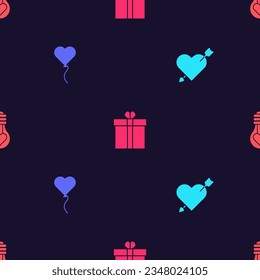 Set Amour with heart and arrow, Balloon in form of, Gift box and Heart shape light bulb on seamless pattern. Vector