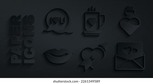 Set Amour with heart and arrow, Bottle love potion, Smiling lips, Envelope Valentine, Coffee cup and Speech bubble text I you icon. Vector