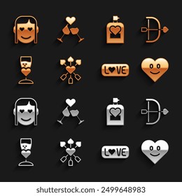 Set Amour with heart and arrow, Bow, Heart, Love text, Glass of champagne, Perfume, Romantic girl and  icon. Vector