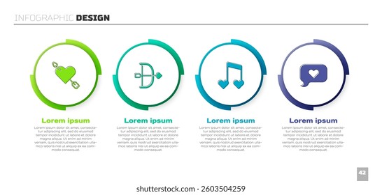 Set Amour with heart and arrow, Bow, Music note, tone hearts and Heart in speech bubble. Business infographic template. Vector