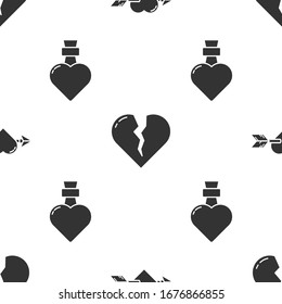 Set Amour with heart and arrow, Broken heart or divorce and Bottle with love potion on seamless pattern. Vector