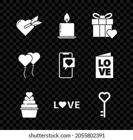 Set Amour with heart and arrow, Burning candle, Gift box, Love text, Key shape, Balloons form of and Smartphone speech bubble icon. Vector