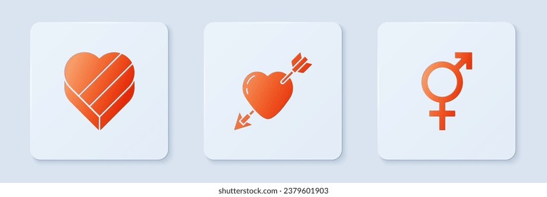 Set Amour mit Herz und Pfeil, Bonbons in Form von Box und Geschlecht. Weißer Quadrat-Knopf. Vektorgrafik