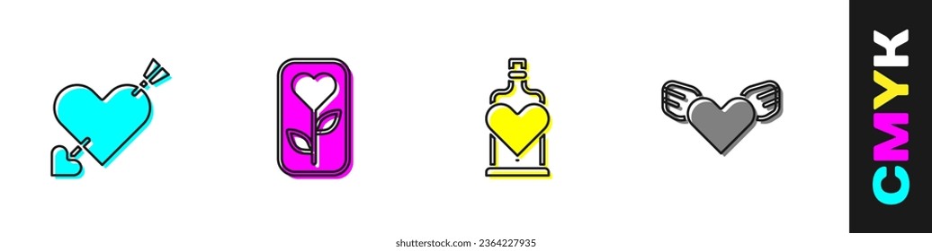 Set Amour with heart and arrow, Flower rose, Bottle love potion and Heart wings icon. Vector