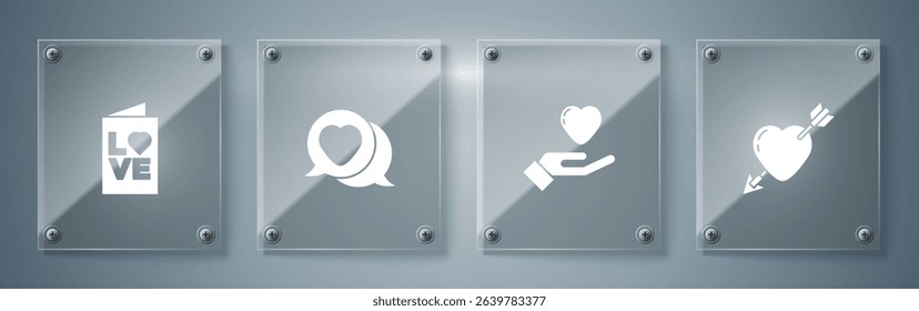 Set Amour with heart and arrow, Heart in hand, speech bubble and Valentines day party flyer. Square glass panels. Vector