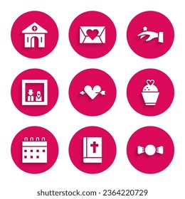 Set Amour with heart and arrow, Holy bible book, Bow tie, Wedding cake, Calendar, Family photo, rings on hand and Church building icon. Vector