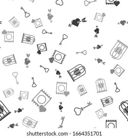 Set Amour mit Herz und Pfeil, Schlüssel in Herzform, Herz im Vogelkäfig und Kondom in Packung auf nahtlose Muster. Vektorillustration