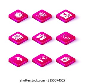 Set Amour with heart and arrow, Location, Marriage contract, Gift box, Shopping bag, Plate, fork knife, Postcard and Cake plate icon. Vector