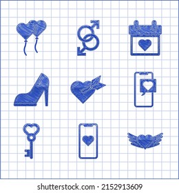 Set Amour with heart and arrow, Mobile phone, Heart wings, Smartphone speech bubble, Key shape, Woman shoe high heel, Calendar and Balloons form of icon. Vector