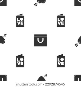 Set Amour with heart and arrow, Shopping bag and Valentines day party flyer on seamless pattern. Vector
