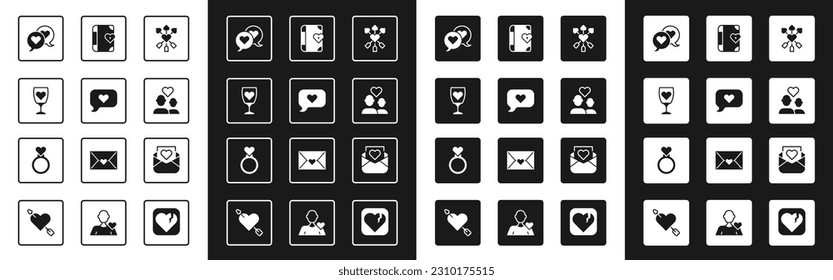 Set Amour with heart and arrow, Heart in speech bubble, Glass of champagne, Lover couple, diary, Envelope Valentine and Wedding rings icon. Vector