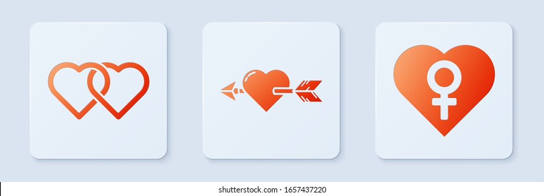 Set Amour with heart and arrow, Two Linked Hearts and Heart with female gender. White square button. Vector