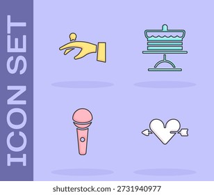 Set Amour con corazón y flecha, anillos de boda en la mano, micrófono y placa de pastel icono. Vector