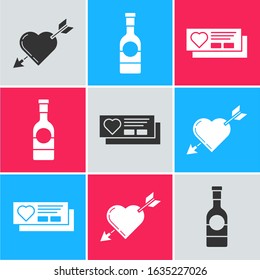 Set Amour symbol with heart and arrow, Champagne bottle and Ticket with heart icon. Vector