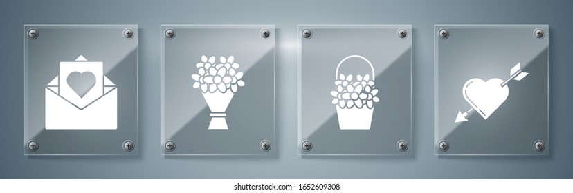 Set Amour symbol with heart and arrow, Flowers in a basket, Bouquet of flowers and Envelope with Valentine heart. Square glass panels. Vector