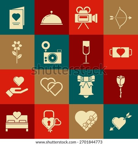 Set Amour symbol with heart and arrow, Flower rose, Two coffee cup, Cinema camera, Photo, Valentines day party flyer and Glass champagne icon. Vector
