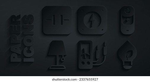Set Ampere meter, multimeter, Battery charge, Table lamp, Light bulb with leaf, Lightning bolt and Electrolytic capacitor icon. Vector