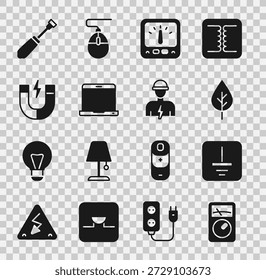 Set Amperemeter, Multimeter, Elektrisches Symbol Masse, Leaf Eco, Laptop, Magnet, Schraubendreher und Elektrisches Symbol. Vektorgrafik
