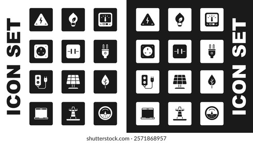 Set Ampere meter, multimeter, Electrolytic capacitor, Electrical outlet, High voltage, plug, Light bulb with leaf, Leaf Eco symbol and extension icon. Vector