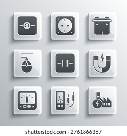 Set Ampere meter, multimeter, Nuclear power plant, Magnet, Electrolytic capacitor, Computer mouse, Ohmmeter and Car battery icon. Vector