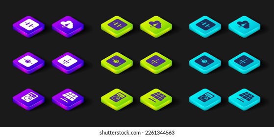 Set Ampere meter, multimeter, Solar energy panel, Ohmmeter, Electrical symbol ground, Cloud and lightning and Electrolytic capacitor icon. Vector
