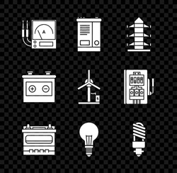 Set Ampere Meter, Multimeter, Voltmeter, Car Battery, High Voltage Power Pole Line, Light Bulb With Concept Of Idea, LED Light,  And Wind Turbine Icon. Vector