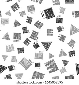 Set Ampere meter, multimeter, voltmeter, Power station plant and factory, Exclamation mark in triangle and Diesel power generator on seamless pattern. Vector