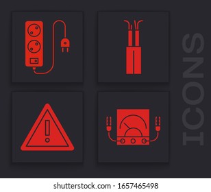Set Ampere meter, multimeter, voltmeter, Electric extension cord, Electric cable and Exclamation mark in triangle icon. Vector