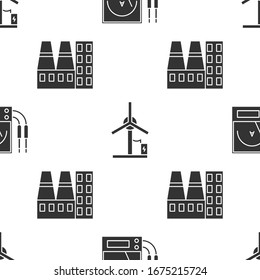 Set Ampere meter, multimeter, voltmeter, Wind turbine and Power station plant and factory on seamless pattern. Vector