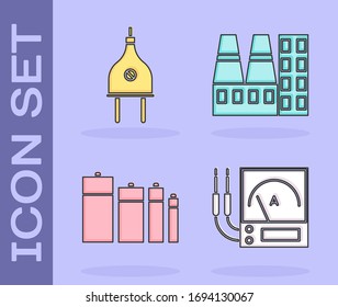 Ajuste el medidor de amperio, multímetro, voltímetro, enchufe eléctrico, batería y central eléctrica e icono de fábrica. Vector
