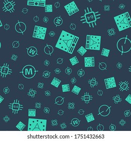 Set Ampere meter, multimeter, voltmeter, Processor with microcircuits CPU, Electric circuit scheme and Electric circuit scheme on seamless pattern. Vector