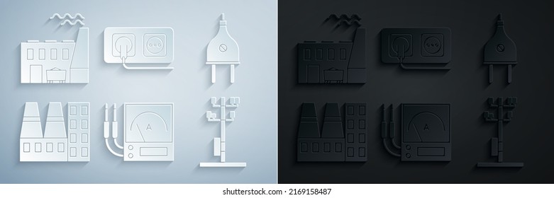 Ajuste medidor de Ampere, multímetro, voltímetro, enchufe eléctrico, planta y fábrica de la central eléctrica, línea de polos de alta tensión, toma eléctrica e icono de carbón. Vector