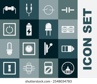 Conjunto de amperios, multímetro, voltímetro, indicador de nivel de Recargo de la batería, toma de corriente eléctrica, esquema de circuitos, interruptor de luz, resistencia eléctrica e ícono de diodo emisor de luz. Vector