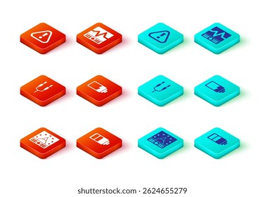 Set Ampere meter, multimeter, voltmeter, Battery charge level indicator, Audio jack, Electrical measuring instruments and Exclamation mark triangle icon. Vector