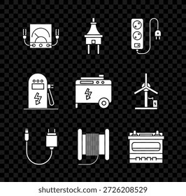 Set Ampere Meter, Multimeter, Voltmeter, Elektrischer Stecker, Verlängerungskabel, Ladegerät, Draht elektrische Kabel Haspel Trommel, Autobatterie, Auto-Ladestation und Portable Power Generator Symbol. Vektorgrafik