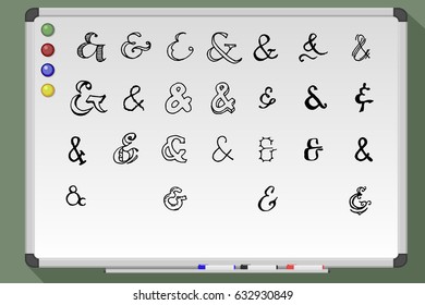 Set of ampersands from different fonts on whiteboard. Hand drawn vector stock illustration
