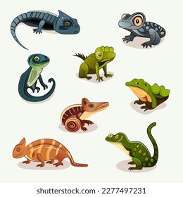 Set Of Amphibians Animal Character In Flat Style.