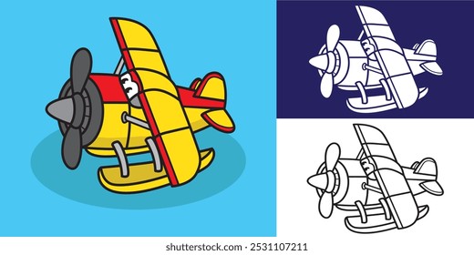 Conjunto de dibujos animados de avión anfibio bueno para pegatina, personaje de mascota, transporte de mascotas, libro para colorear, educación para niños, etc