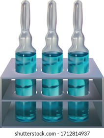 Set of ampoules in a box on a white background. Three ampoules with blue liquid in a pharmaceutical white container.
Packing with sealed ampoules.
3D illustration, 3D image