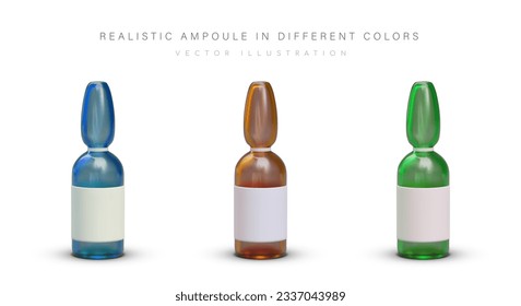 Set of ampoules made of blue, brown, green glass. Packaging with blank label. Liquid dosed medicines. Vaccination injection equipment. Color vector images