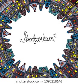 Set Amsterdam old houses cartoon facades. Traditional architecture of Netherlands. Colorful vector illustrations in the Dutch style.