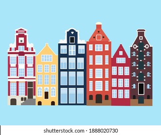 Set of Amsterdam old houses in the Dutch style. Colorful historic facade. Traditional architecture of Netherlands. Vector illustration flat cartoon style on blue background