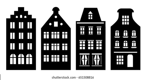 Set of Amsterdam style houses. Laser cut silhouette. Stylized facades of buildings in old European view. Wood carving vector template. Dutch urban landscape in black and white.