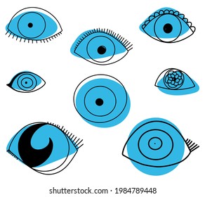 Conjunto de Amulet del ojo malvado, colección de ojos del ojo malvado, conjunto de doodles, íconos de ojos, conjunto de elementos boho, manchas y garabatos de colores, dibujos a mano alzada, arte de línea, fondo aislado