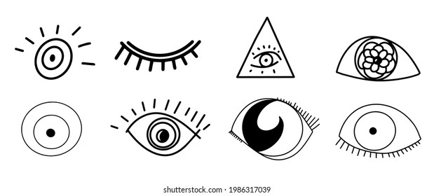 Set von Amulet aus dem bösen Auge, Sammlung von Augen aus dem bösen Auge, Satz von Doodles, Augensymbole, Satz von Boho-Elementen, Freehand-Zeichnungen, Linienkunst, isolierter Hintergrund