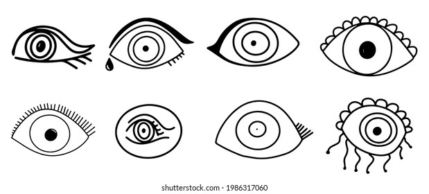 Set of Amulet from the evil eye, collection of eyes from the evil eye, set of doodles, eye icons, set of boho elements, freehand drawings, line art, isolated background