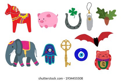 Set of amulet good luck, lucky charms, magic talisman. Dala Horse, piggy, green clover, horseshoe, rabbit foot, acorn, elephant, hamsa, key, nazar, redbat, maneki neko. Flat vector isolated 